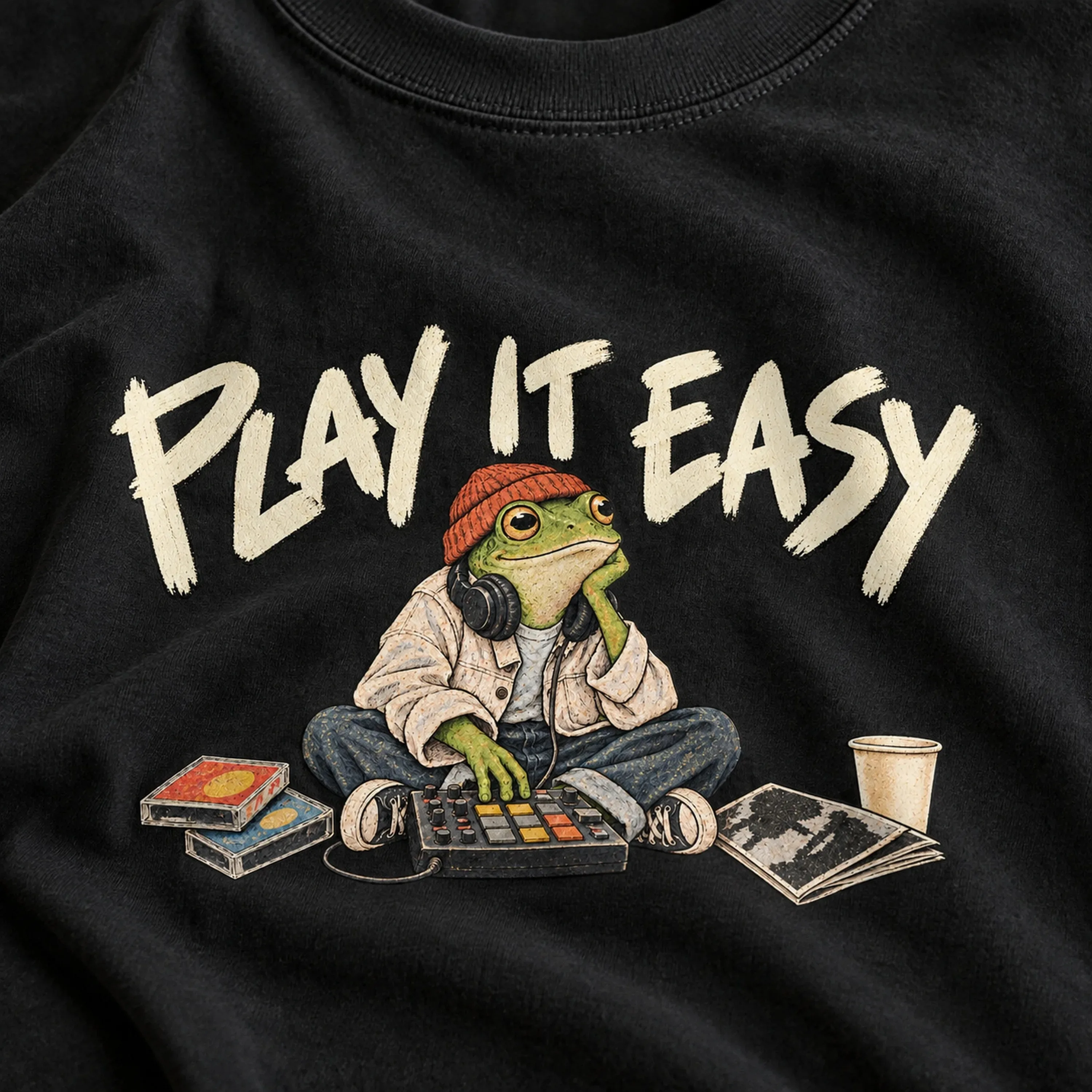 Men's Music Producer Frog Collage Graphic T Shirt Round Neck Short Sleeve Summer Loose Cotton Tee For Music Lovers
