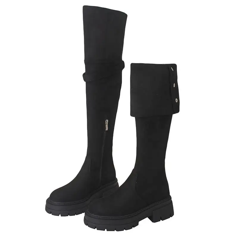 Krazing Pot Flock Fur Round Toe Thick Bottom Platform Boots Winter Keep Warm Zipper Punk Design Metal Button Over-the-knee Boots