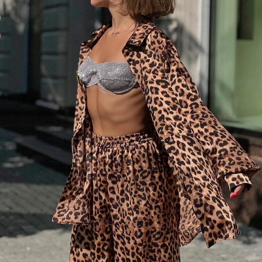 Sexy Leopard Print Loose Collar Long Sleeved Pants Casual Set 2024 Spring/summer New Fashion Two-piece Set for Women