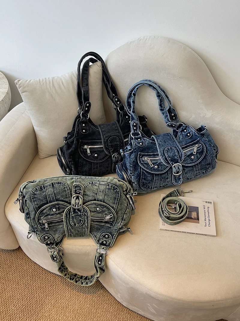 Women Vintage Washed Denim Hobo Crossbody Bag Multi Pocket Rivet Detail Y2K Style Shoulder Purse 2026 New Trend Handbags view 5