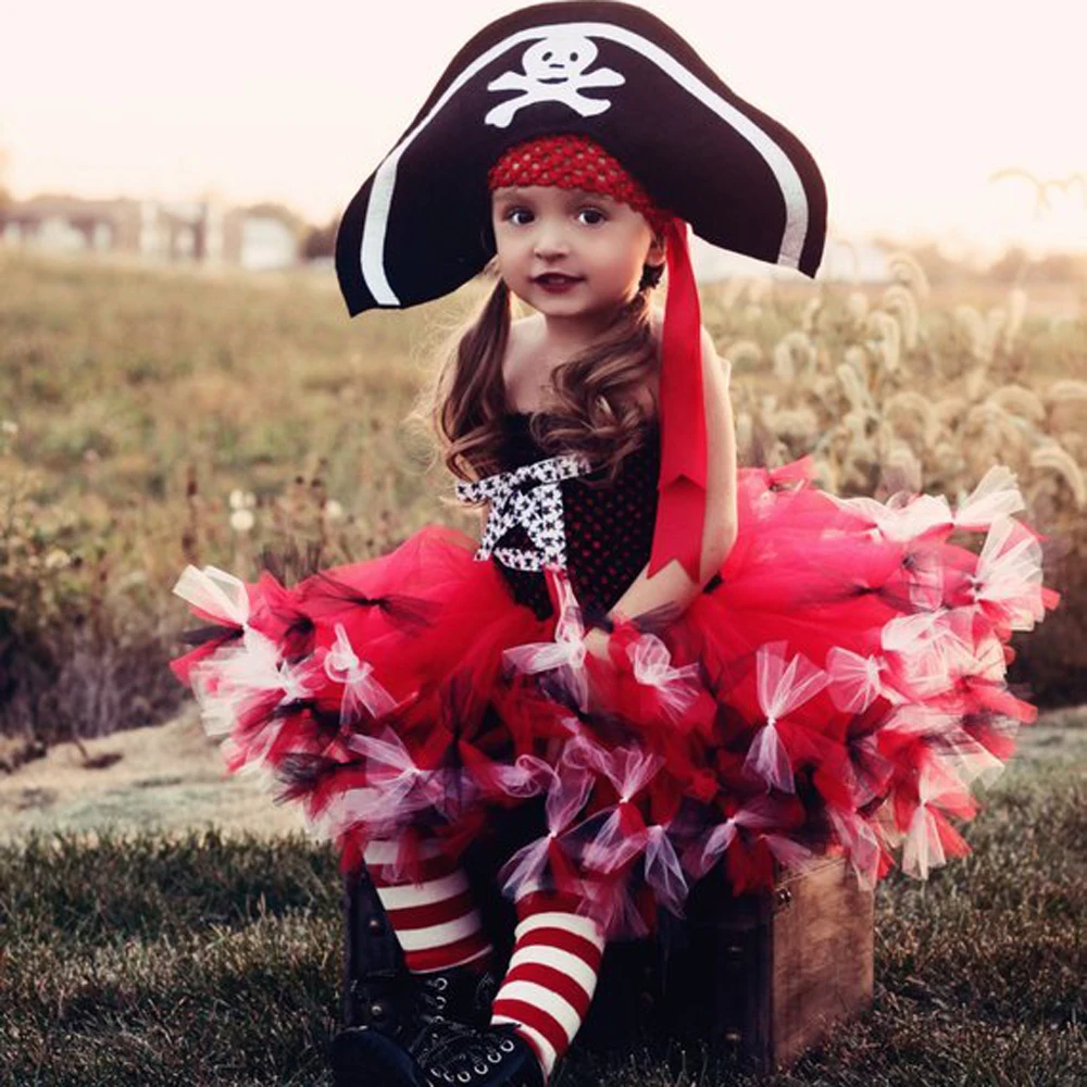 Fluffy Black Red Pirate Costumes for Girls Halloween Christmas Princess Dresses for Kids New Year Carnival Party Outfit with Hat