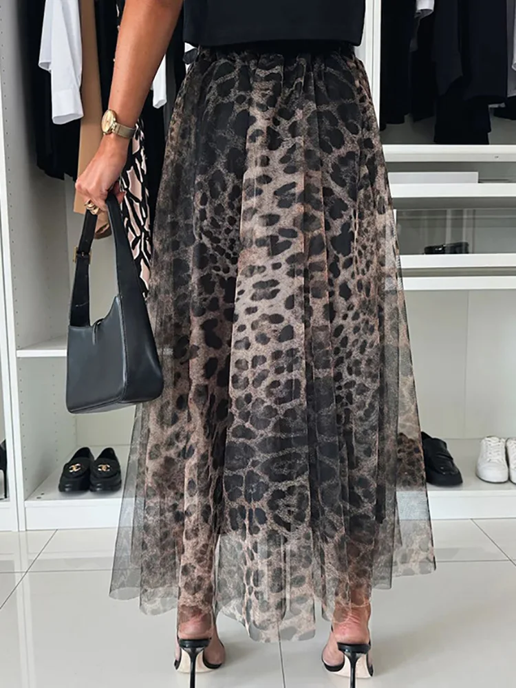 High Waist All Match Simple Skirts, Women Autumn Leopard Printing Elegant Maxi Skirts, New Holiday Patchwork Sweet Ladies Skirts