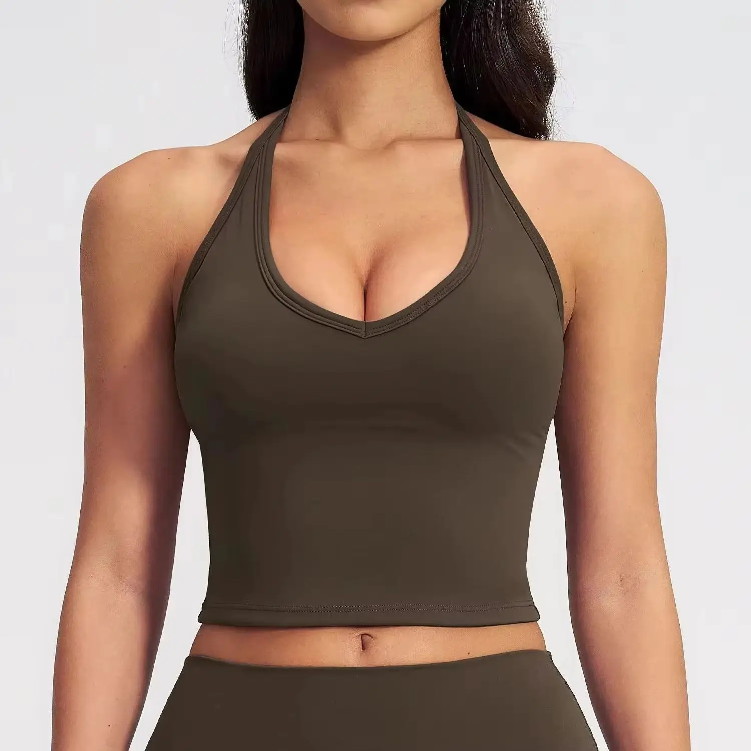 Sexy V-Neck Fitness Bra Women's Nude Sports Bra Hanging Neck Yoga Vest Top Comfortable Breathable Gym Top for Active Wear Tank
