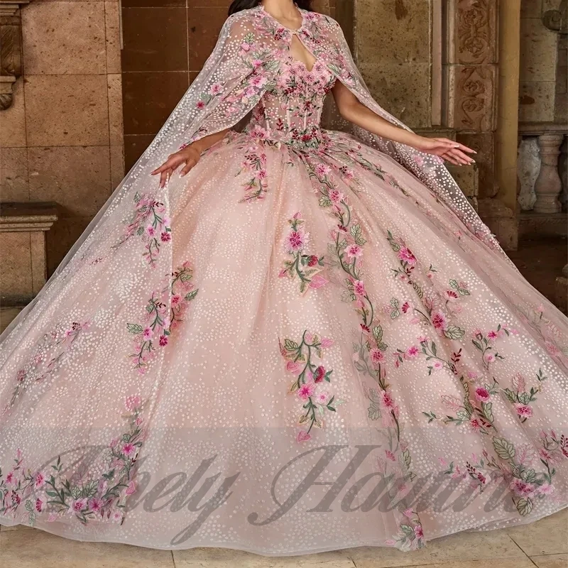 

Customized Princess Quinceanera Dresses With Cape 2025 Lace Applique Tulle Corset Sweet 16 Dress Prom Party Vestido De 15 Anos