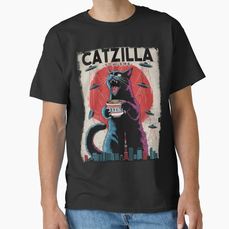 

Catzilla Ramen Defense UFO Invasion Tokyo Retro Cat Art vintage Monster Anime movie gift T shirt 100% cotton Large size Tops