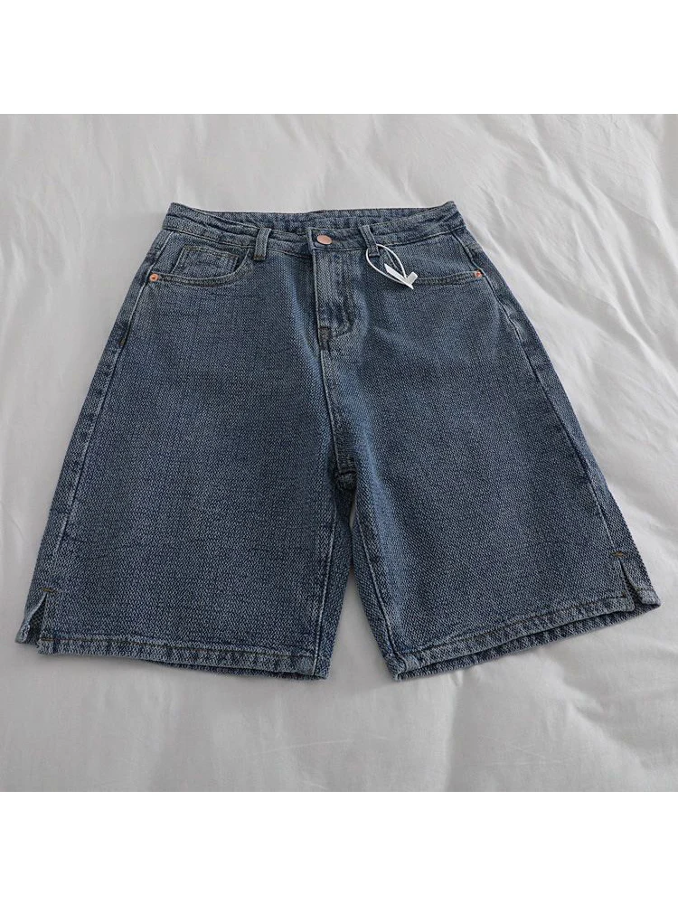 American Vintage Casual High Waist Blue Denim Shorts Fashion Women\'s Y2K Wide Leg Baggy Straight Jeans Pants Female Clothes