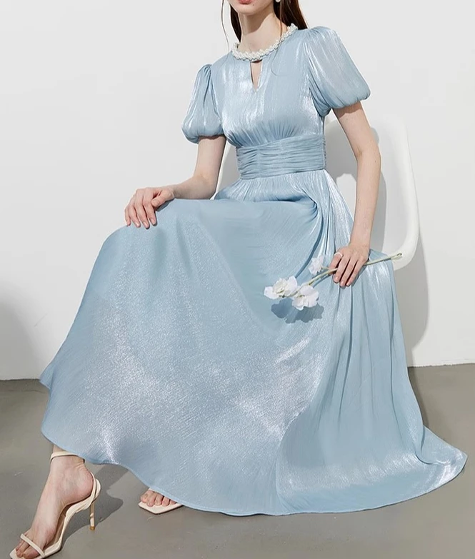 Abito con perline scintillanti Abito estivo da donna con maniche a sbuffo a vita alta Abiti aderenti eleganti in stoffa da festa