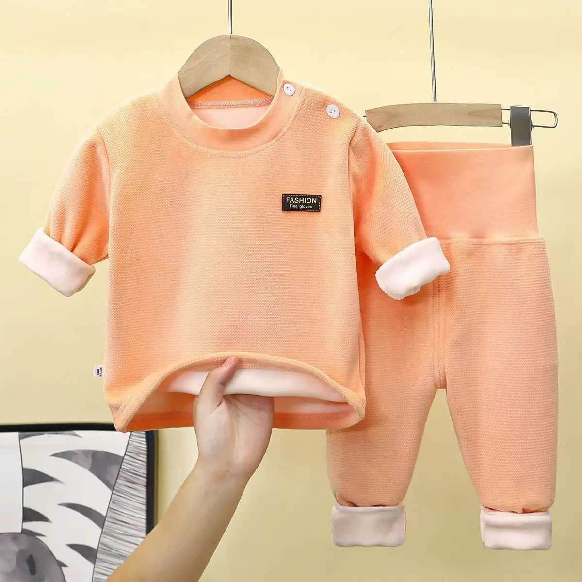 Herbst Winter Baby Plüsch Fleece Verdickte Thermo-unterwäsche Sets 0-4Y Kind Junge Mädchen Hohe Taille Warme Homewear Top und Hosen Outfit – Detail 7