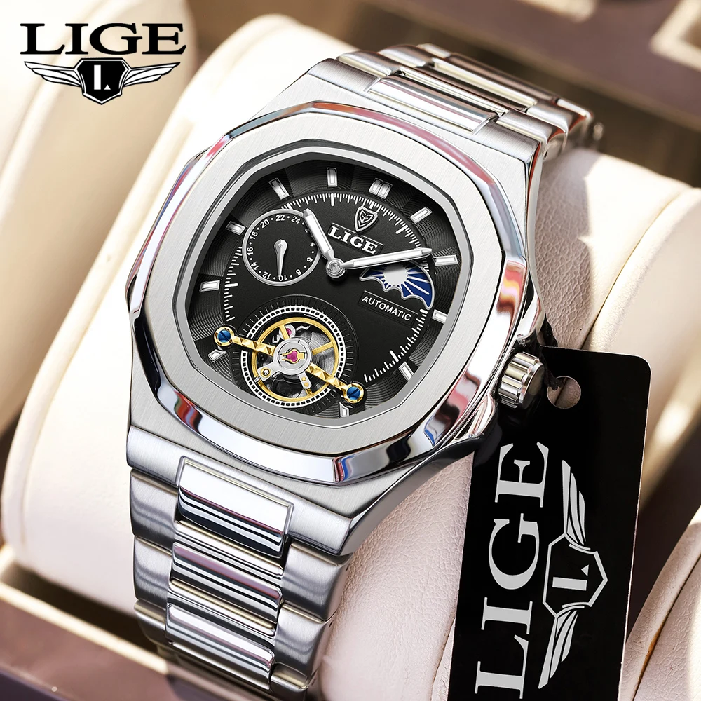 LIGE Dual Seconds Tourbillon Watch 24 Hour Mechanical Watch Men Stainless Steel Authentic Watch Night Glow Waterproof Mens Watch