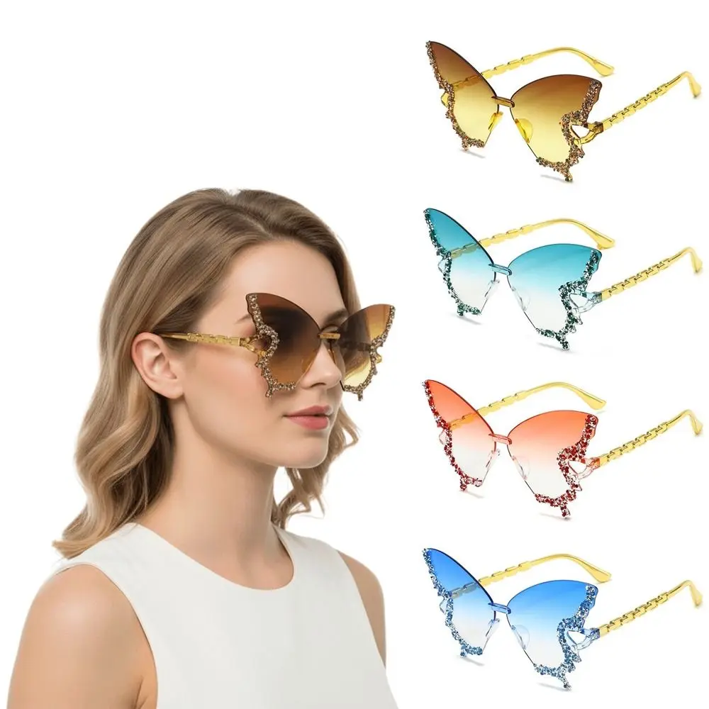Tint Color Butterfly Sunglasses UV Protection Flash Style Rimless Sun Glasses Rimless Frame Rhinestones Sunglasses for Women