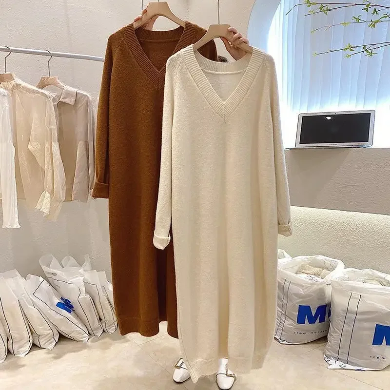 Autumn Winter 300kg Slimming Loose Mid-length Solid Color Knitted Dress Women V-neck Underskirt