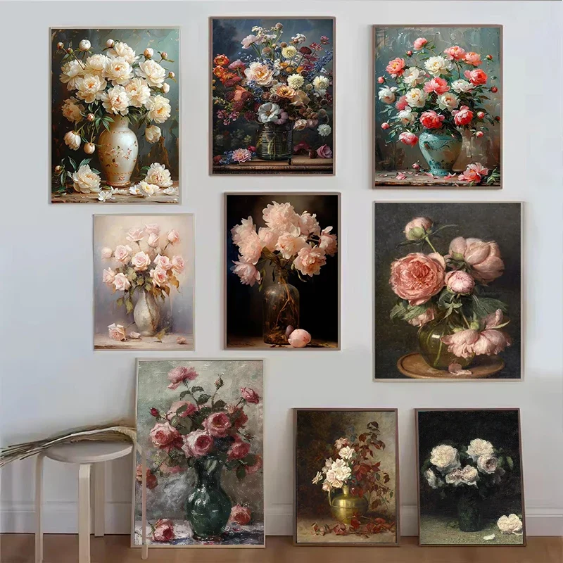 1PC frameless decorative art print,Vintage Bouquet Pink Roses Nordic Flowers Still Life Oil Painting Printed Poster Canvas Paint