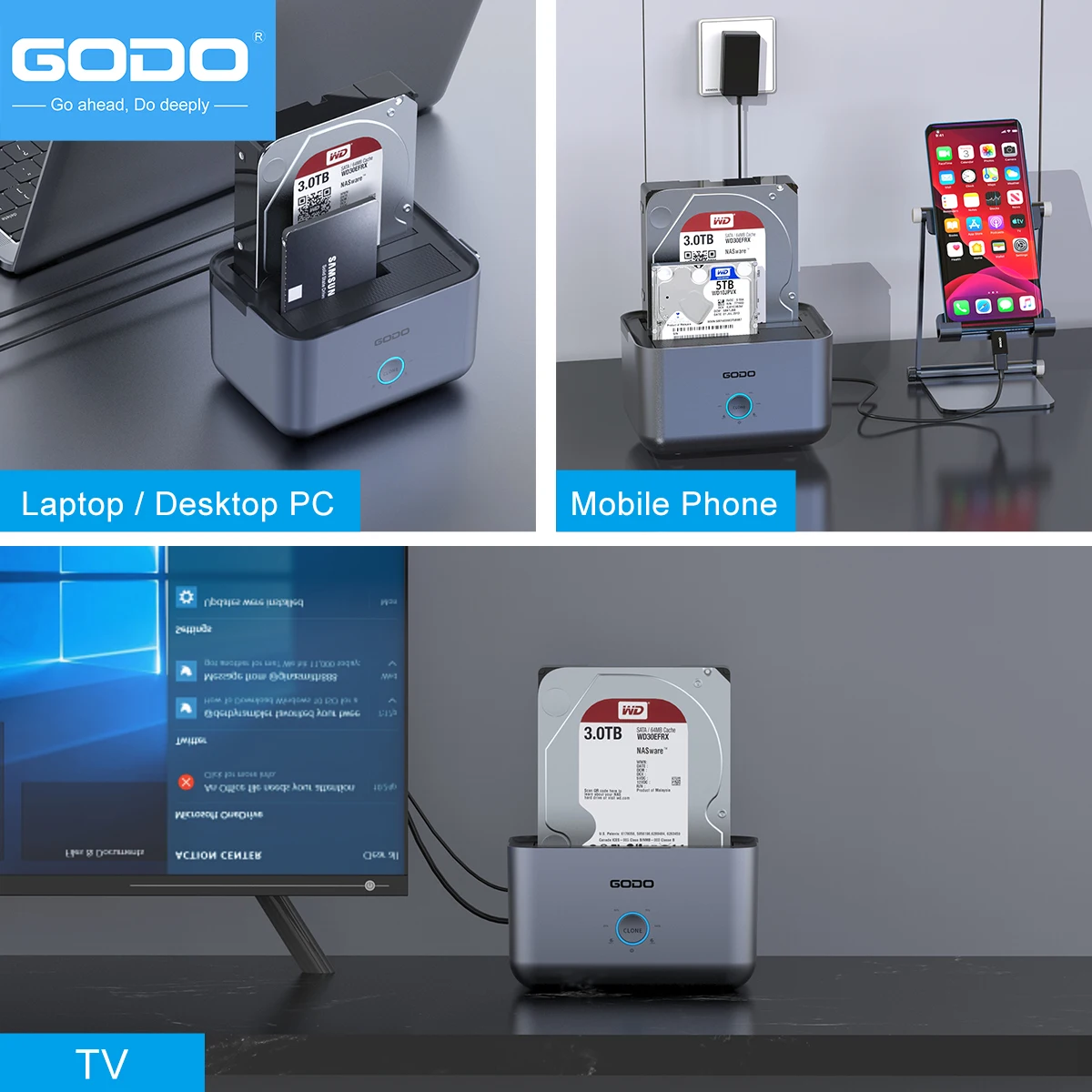 Imagem -06 - Godo-dual Bay Hard Drive Dock com Led Indicador Docking Station Usb 3.0 tipo c 2.5 3.5 Hdds Ssd