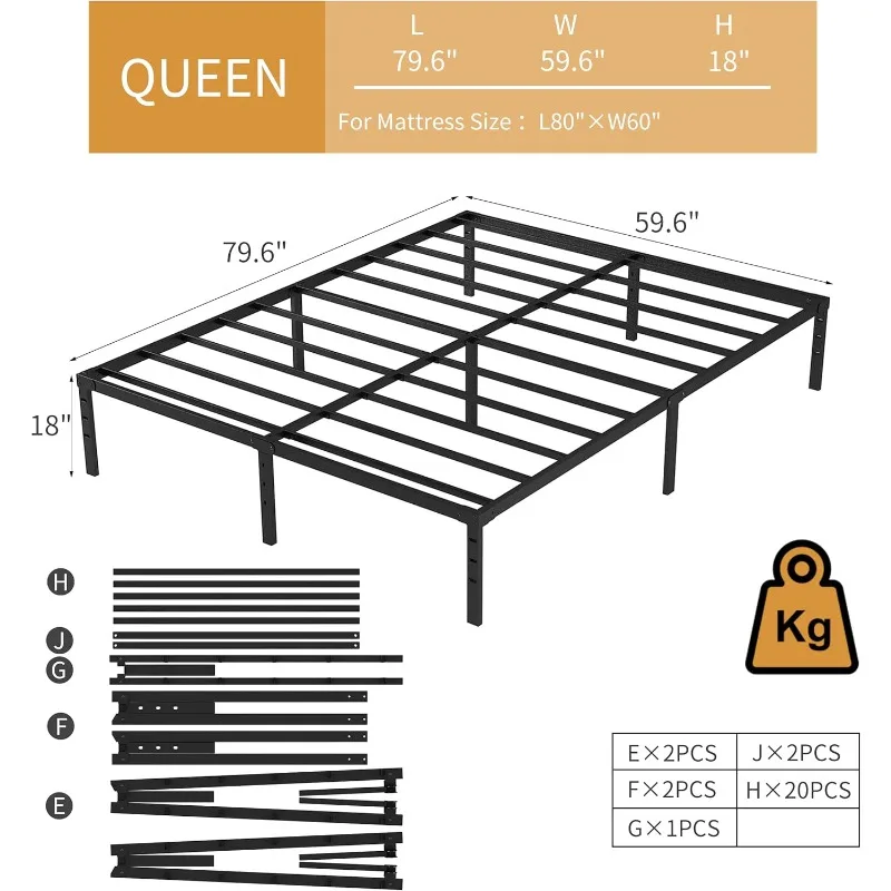 Metal Frame-Simple and Atmospheric Metal Platform  Frame, Storage Space Under The Bed Heavy Duty Frame