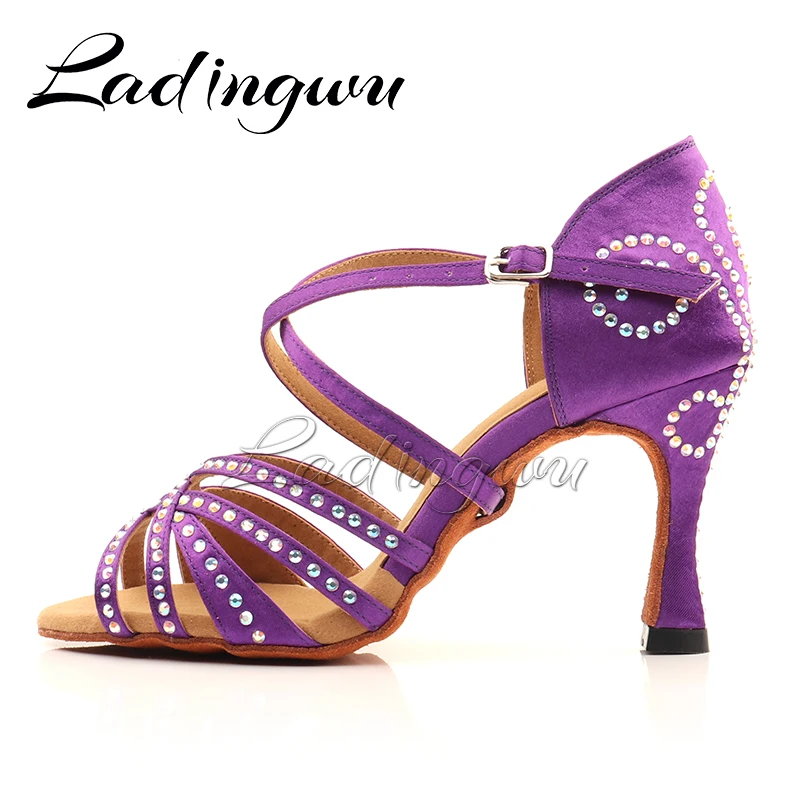 Ladingwu Dance Shoes Latin For Women Purple  Satin Salsa Dance Shoes For Girls Ballroom Dance Shoes Sports Sandals Heel Rhinesto