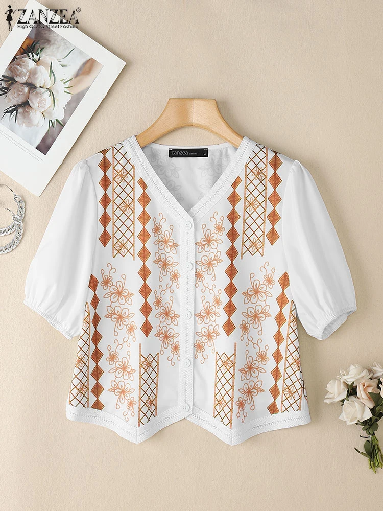 

ZANZEA Women Summer Shirts Vintage Floral Print Tunic Tops 2025 Fashion Short Sleeve Casual Blouse V-Neck Loose Blusas Femininas