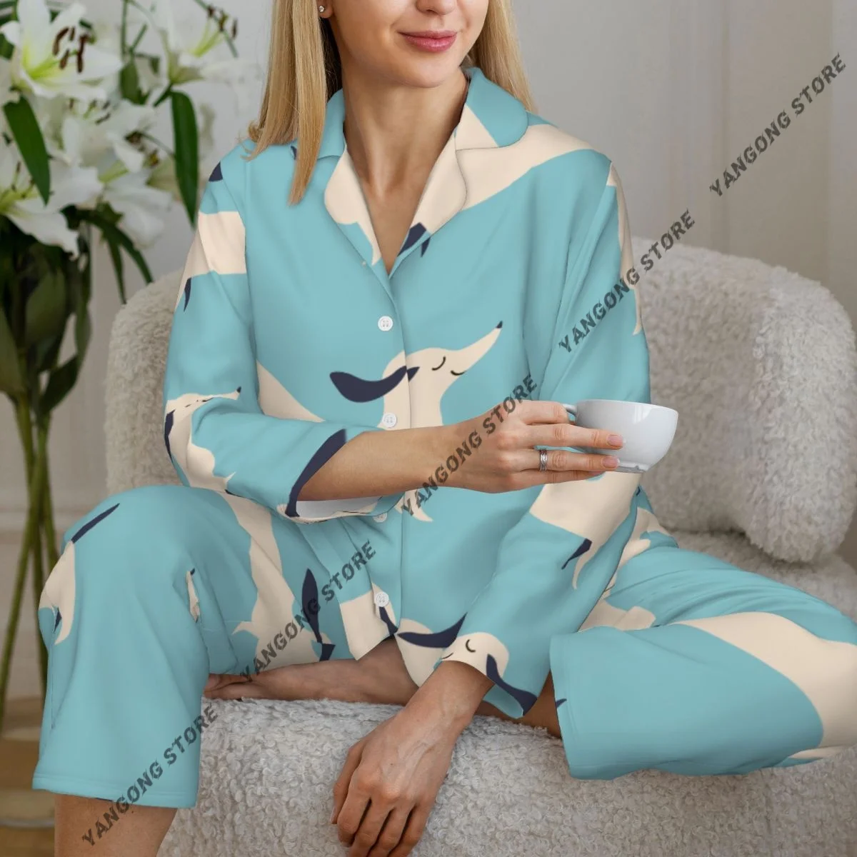 

Spring and Autumn Long Sleeve Pants Pajamas Loungewear Set Funny Long Dachshund Dog Women's Pull Edge Loose Sleeping Suit
