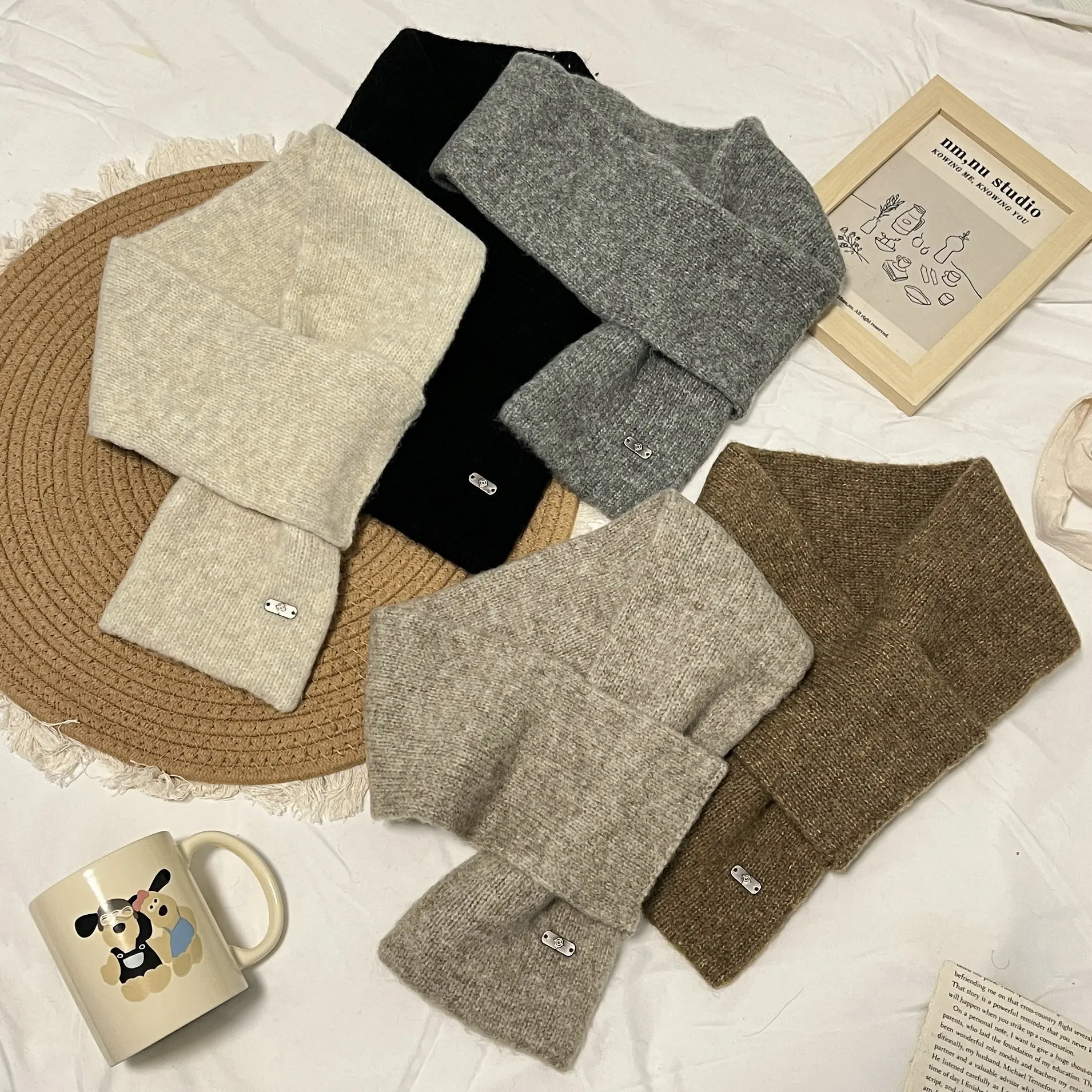 

New Wool Knitted Small Scarf Women Autumn and Winter Korean Style All-Matching Solid Warm Keeping Lazy Gospel Perforated Scarf