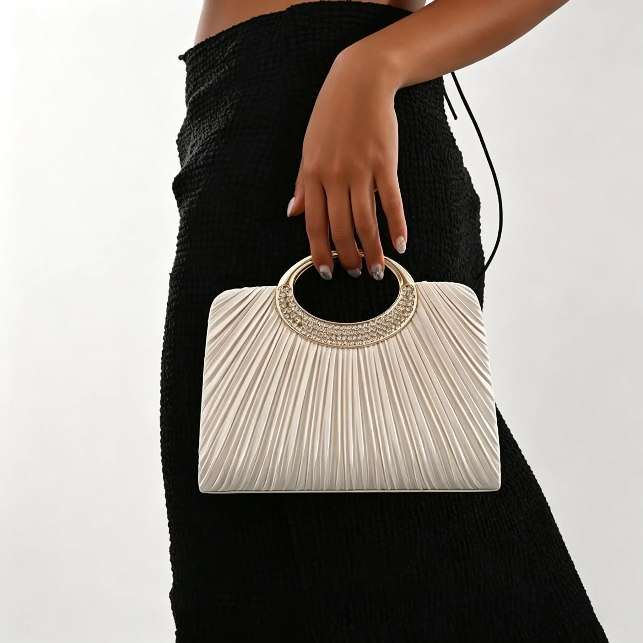 Women Pleated Evening Bag Rhinestone Metal Ring Handle Clutch Purse Removable Chain Shoulder Crossbody Handbag For Wedding Party Prom view 7
