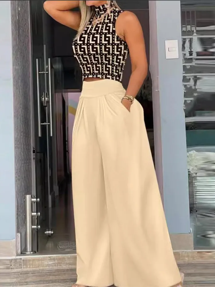 

Women Two Piece Pant Sets Sleeveless Turtleneck Tops Pockets Wide Leg Pants High Waist Trousers Suit Elegant Office Ladies 2-Pcs