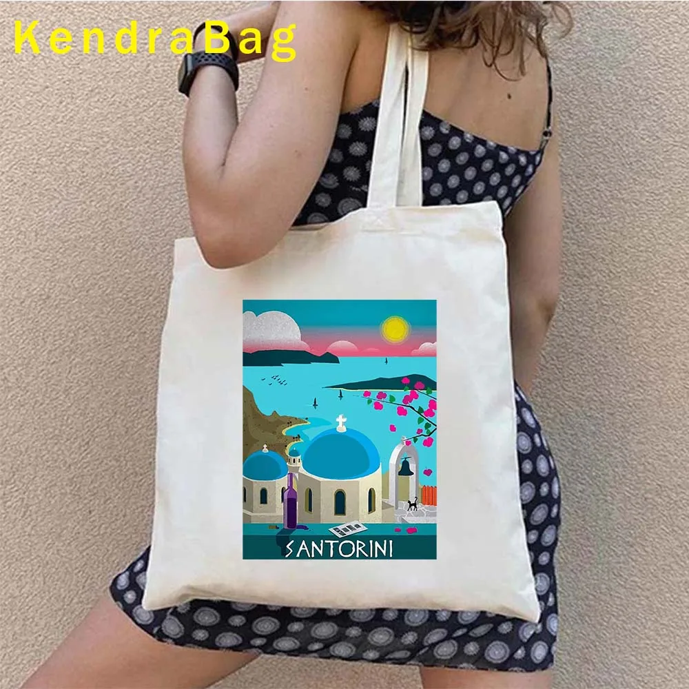 Love Heart Santorini Island Grecia Canvas Cotton Totes Bag Greco Evil Eye Hamsa Hand White Paradise Travel Gift Shopper Borse