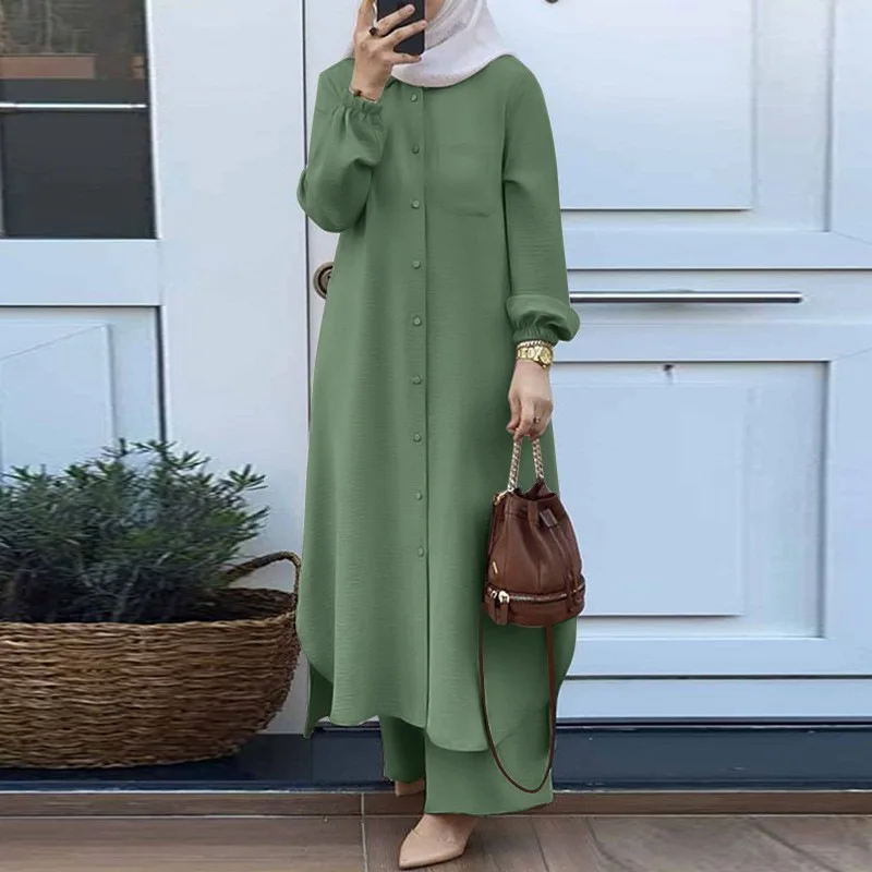 Mandylandy Muslim Robe Long Shirts Women Islamic Clothing Arabian 2 Piece Set Outfits Long-sleeve Shirt and Trousers Sets