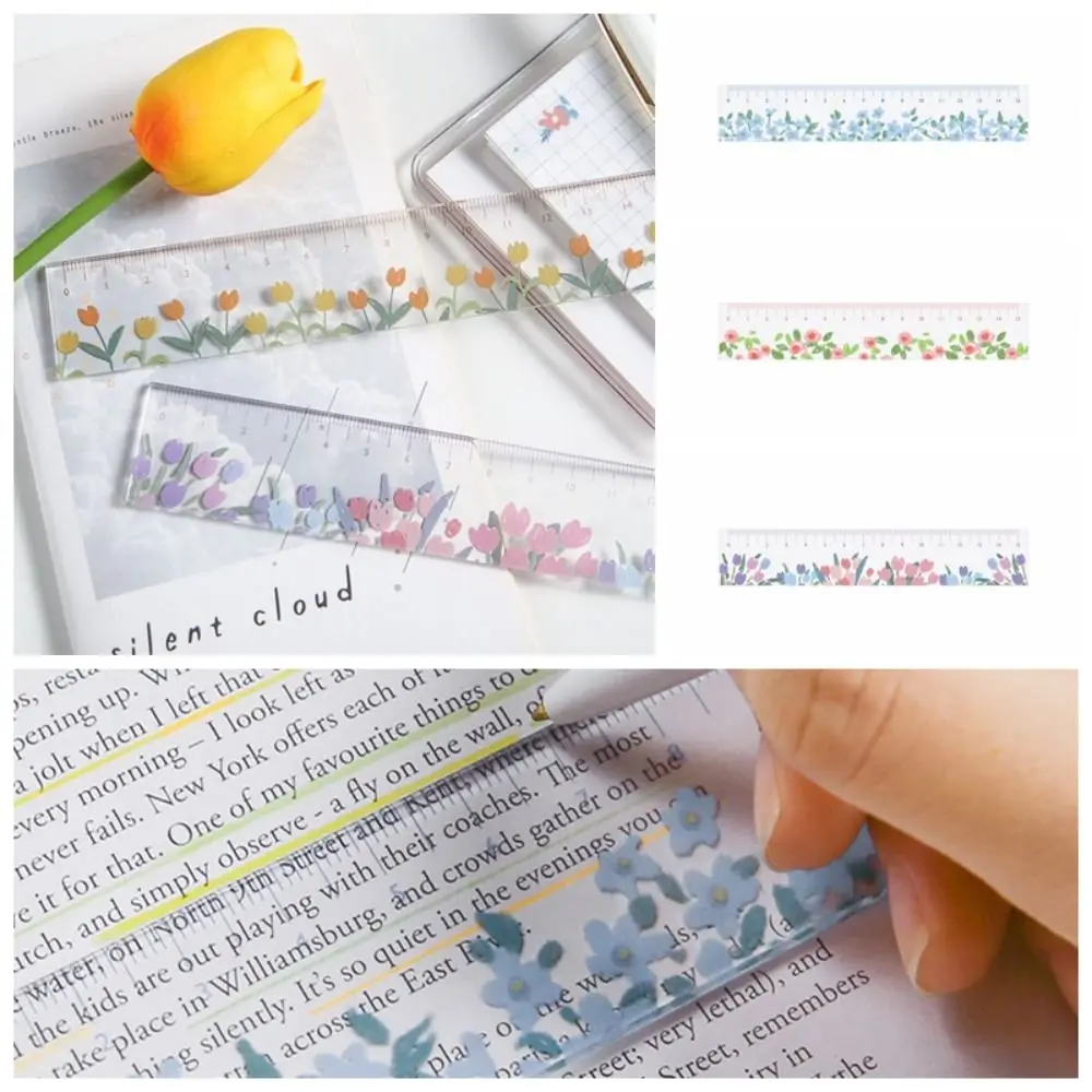 Creative Multifunction 15cm Straight Ruler Transparent Acrylic DIY Drawing Tools Tulip Double-duty Flower Bookmark Stationery