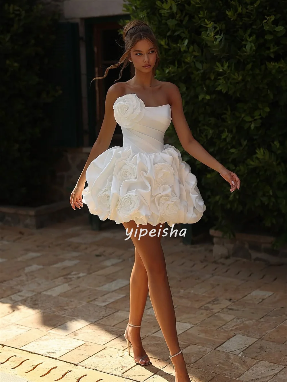 Customized Modern Style Fashion Handmade Flower Pleat A-line Strapless Mini Dresses Bespoke Occasion Dresses High Quality Sexy