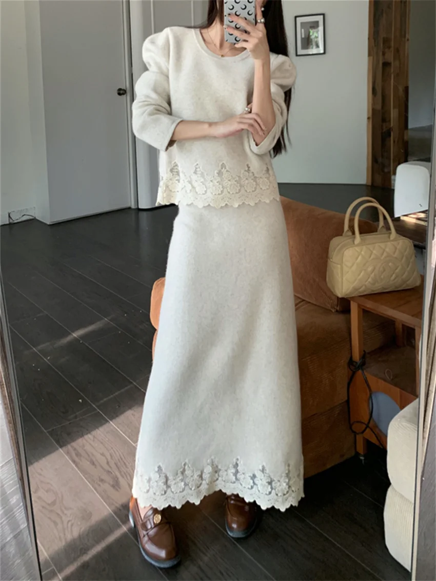 

Alien Kitty Office Wear Suits Women Elegant Daily 2024 Spring High Street Puff Sleeve Blouses High Waist Long Skirts Sets