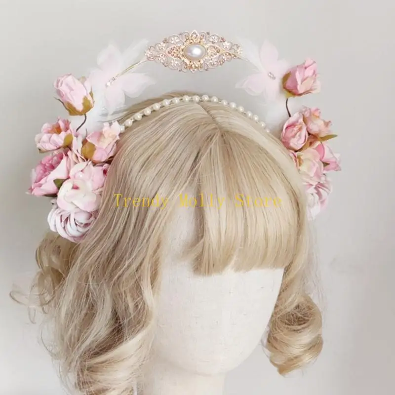N5KBファッションウェディングカラフルな花の装飾ヘアバンド繊細な王冠二重層ステージパーティーの女性スタイリングヘッドウィー