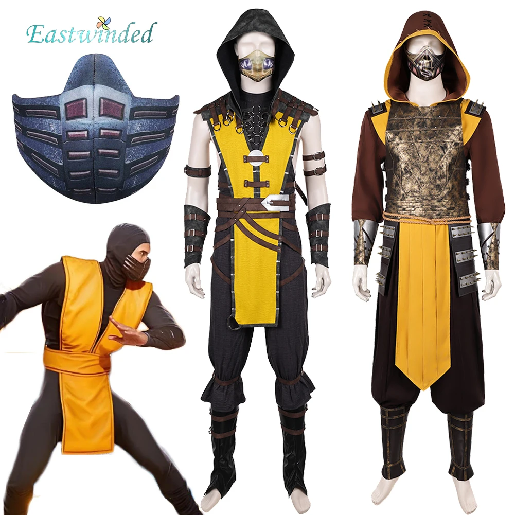 Juego Mortal Kombat Scorpion Cosplay amarillo negro disfraz máscara trajes Halloween hombres adultos juego de rol Halloween traje de fiesta de Carnaval