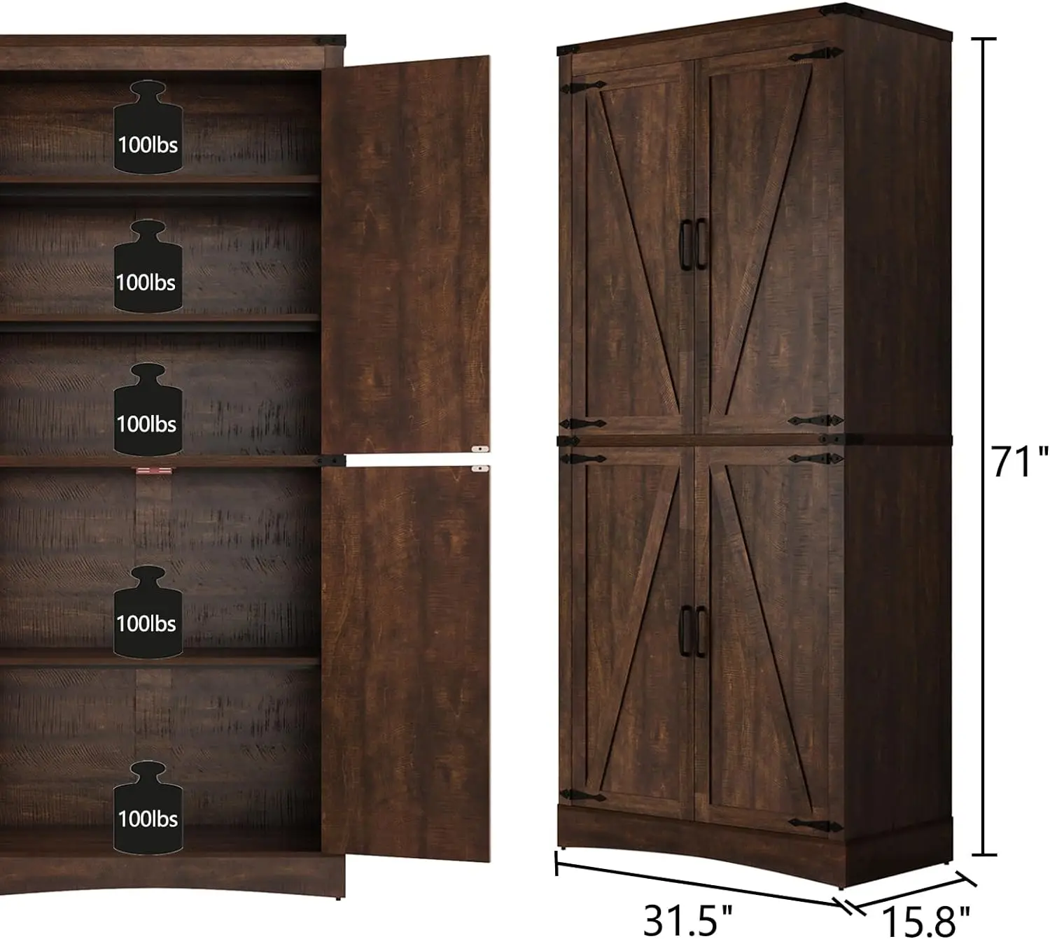 71In Farmhouse Kitchen Pantry Cabinet,Tall Storage Cabinet With 4 Doors And Adjustable Shelves,With Load-Bearing Steel