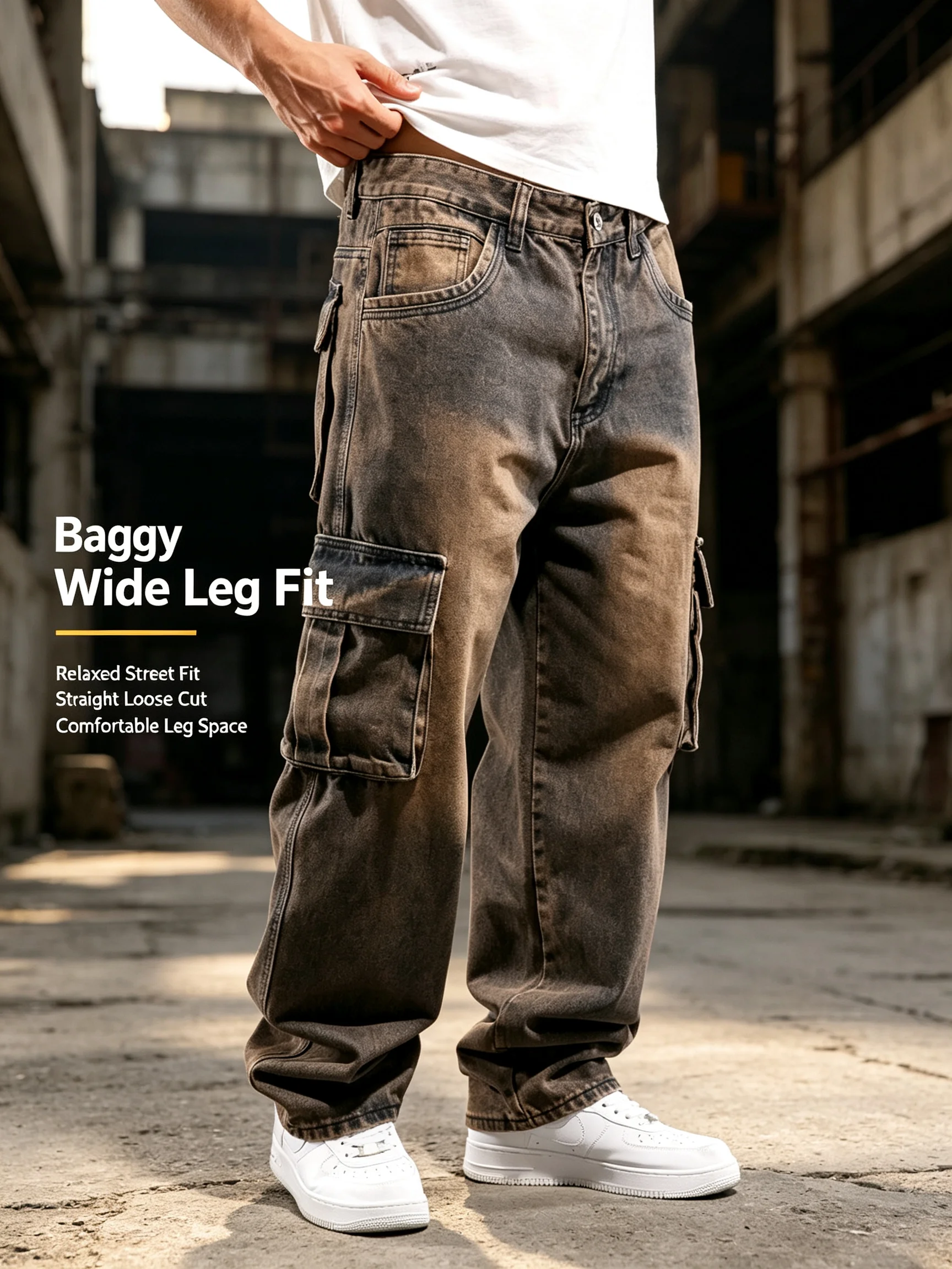 Men Retro Army Baggy Cargo Jeans Multi Pocket Vintage Washed Denim Pants Men's Casual Wide Leg Streetwear Work Trousers For Men