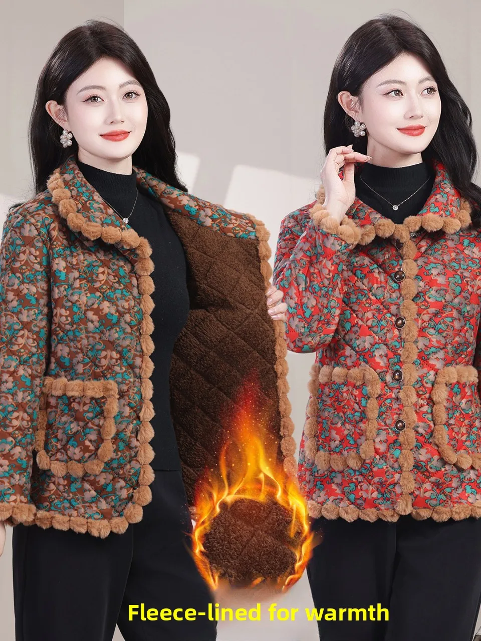 

Thiened Fce ort Cotton Jaet for Mommy Autumn Winter Faion Floral Print Large Size Straight Cut Sle Commute Wear