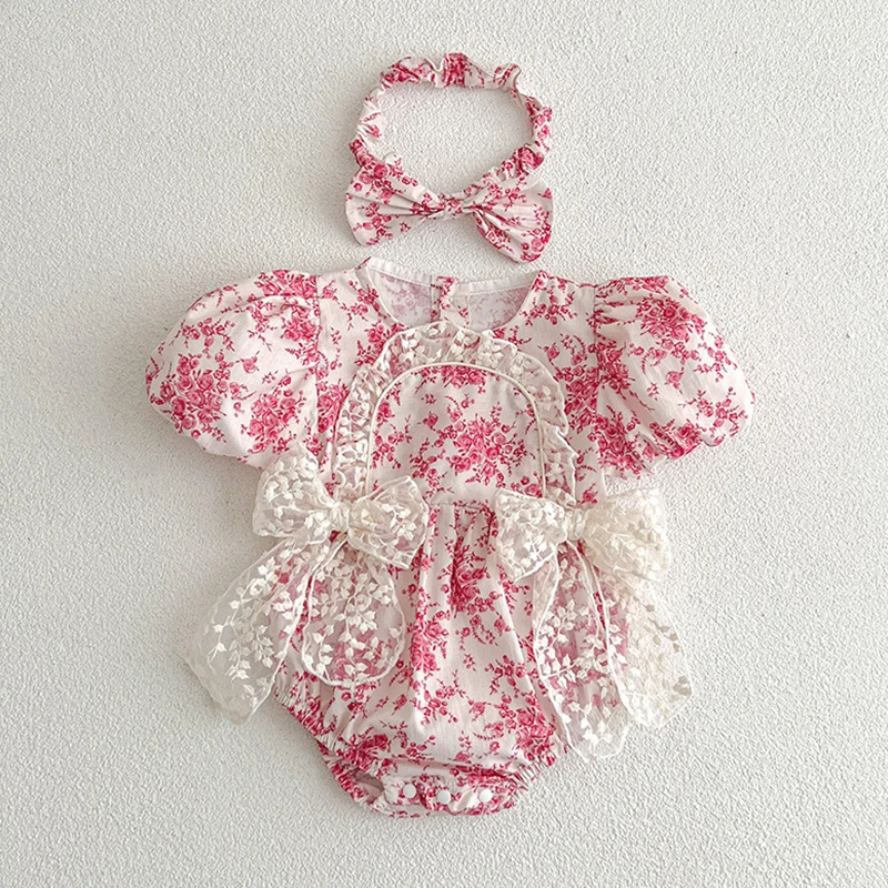 Printed Infant Baby Girls Floral Romper Summer Kids Girls Short Sleeves Dress Child Baby Girls Sweet Lace Sister Clothes