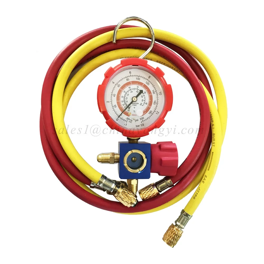 Air Conditioner Refrigerant Pressure Gauge R600 R410A R32 R134A R22 Single Manifold Gauge with Blue Yellow Red Charging Hose view 2