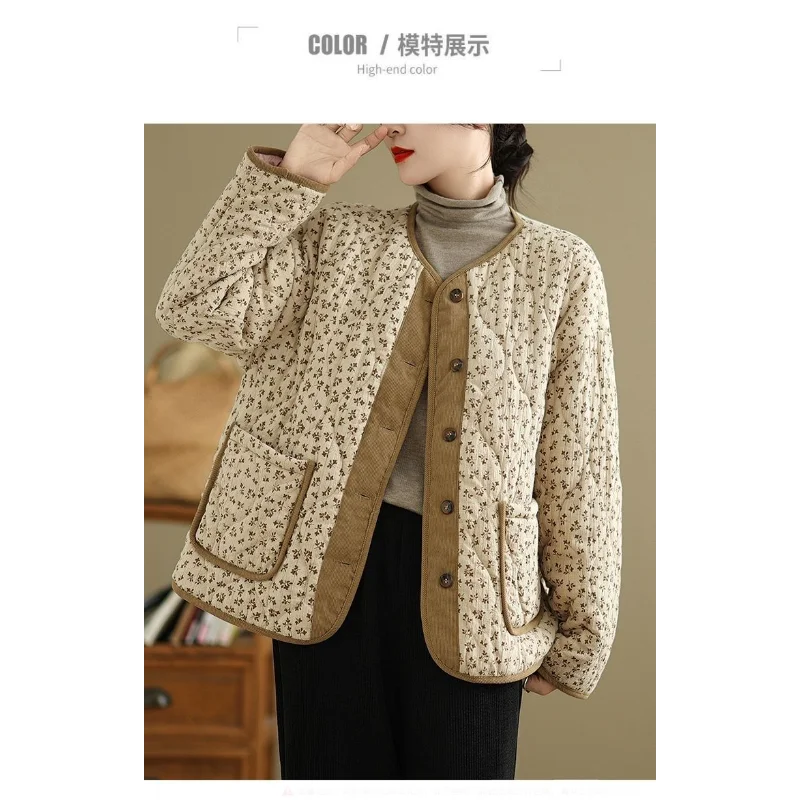 Retro Coat for Women with Floral Thin and Warm Cotton Coat Loose Fat Mm Contrast Jacket for Women - Image 2