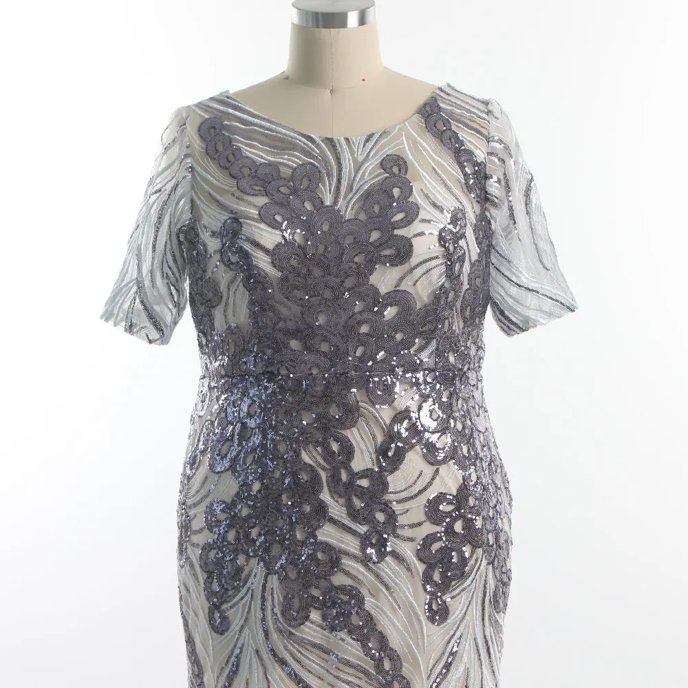 Robe de soirée en paillettes violettes, col rond, demi-manches, sirène, longueur au sol, fermeture éclair au dos, grande taille, robe formelle pour femmes, K163, 2022