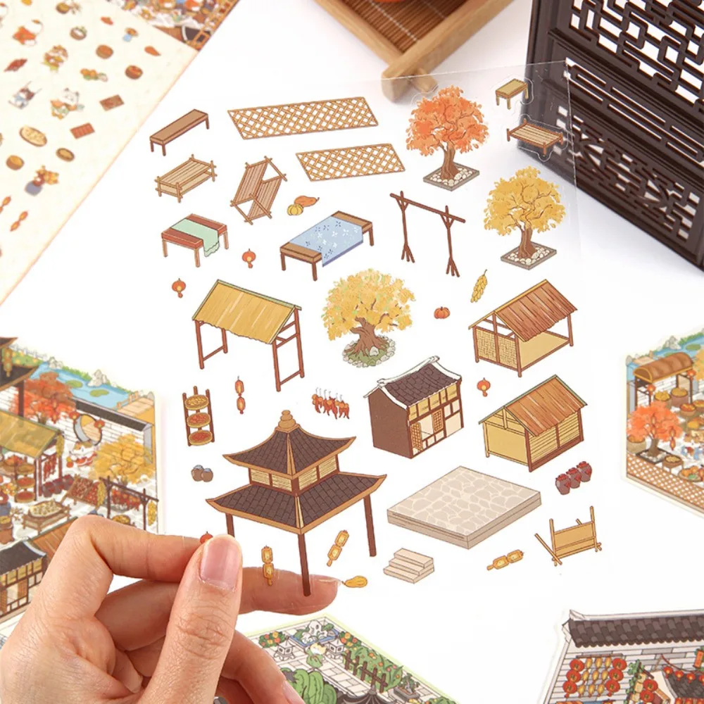 DIY Cartoon Cat Leisure Life in 4 Seasons Landscape Sticker 3D Pocket Cabin Scene Stacking Pasting Stickers Gift for Kid Child