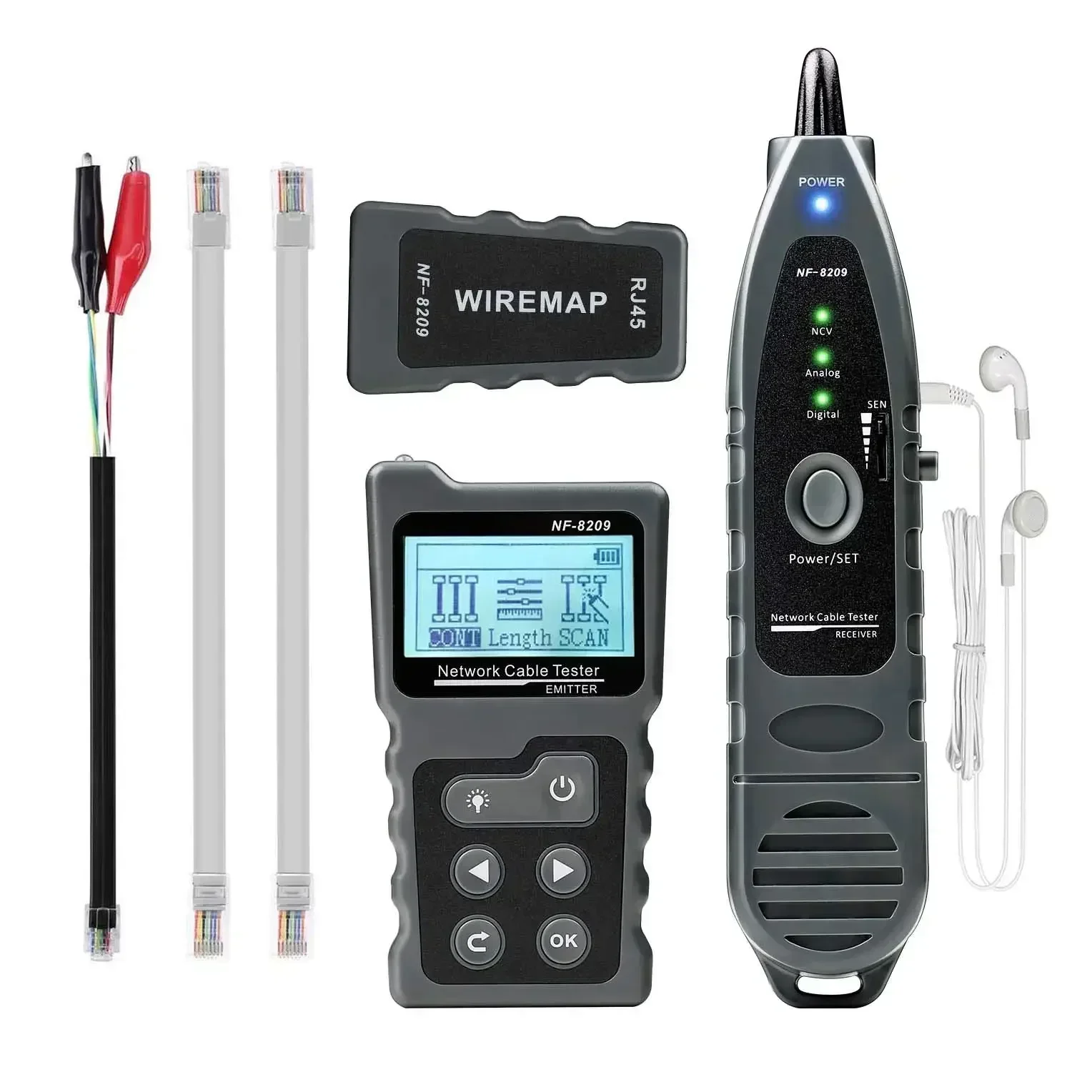 NF-8209 RICEVITORE Tester per cavi di rete Localizzatore per cavi Ethernet Controllo Poe Display LCD Misura la lunghezza Tester per cavi Strumenti di rete