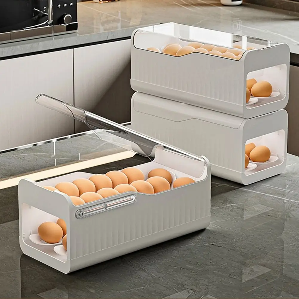 

Plastic 2 Tiers Egg Organizer Large Capacity Stackable Timer Preservation Box Space-Saving with Lid Slide Style Egg Rack