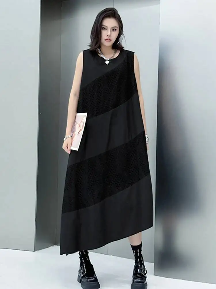 Women Black Grid Irregular Big Size Midi Vest Dress New Round Neck Sleeveless Fashion Tide Spring Summer