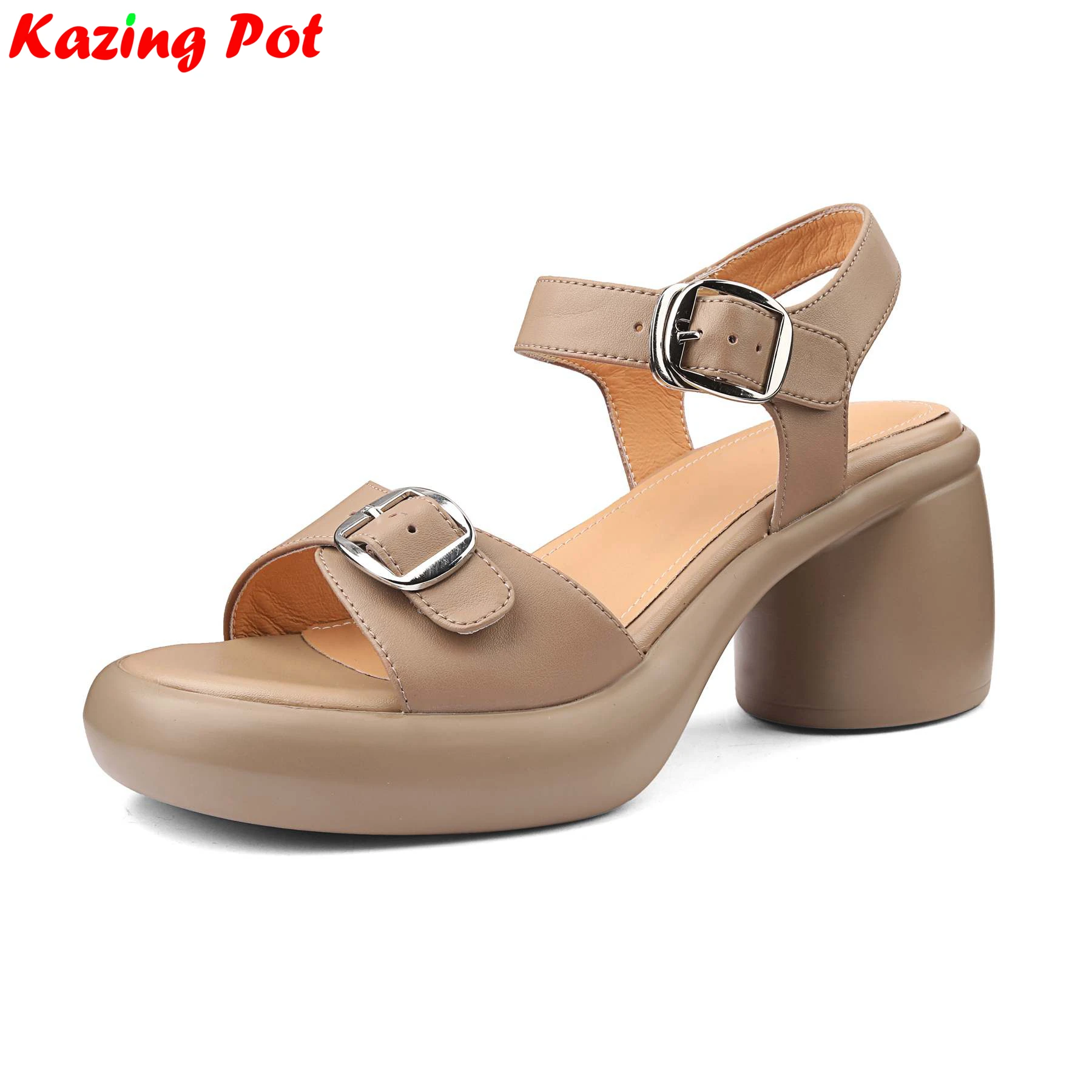 

Krazing Pot Cow Leather Peep Toe High Heel Elegant Summer Shoes Office Lady Brand Concise Buckle Belt Platform Ins Women Sandals