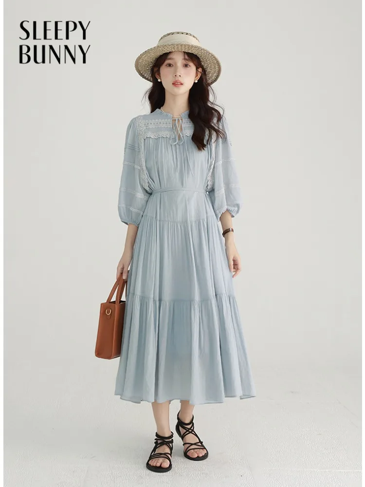 เดรสยาวลูกไม้สไตล์วินเทจพลิ้วไหว ดีไซน์หรูหราสำหรับผู้หญิง เอวสูง แขน 3/4 สไตล์ค็อทเทจคอร์ โบโฮ ชุดลำลองสำหรับฤดูร้อน