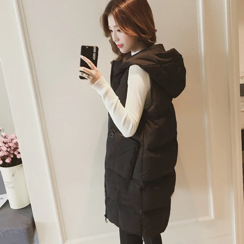 

M-3XL Vests Women Winter Hooded Warm Long Style Zipper 3 Colors Elegant Simple Soft Cotton Leisure Outwear Fashion Ulzzang 2023