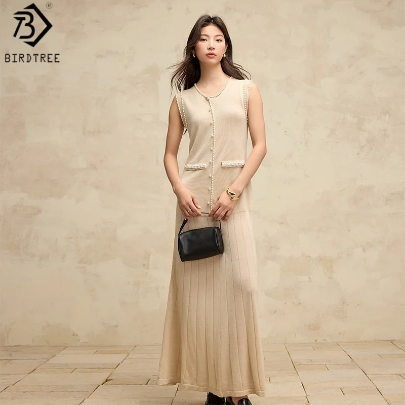 BirdTree, Wool Blended Beaded Dress, O-neck Sleeveless, Women's Slim Solid Elegant Dresses, 2026 Spring Autumn New D67722JF