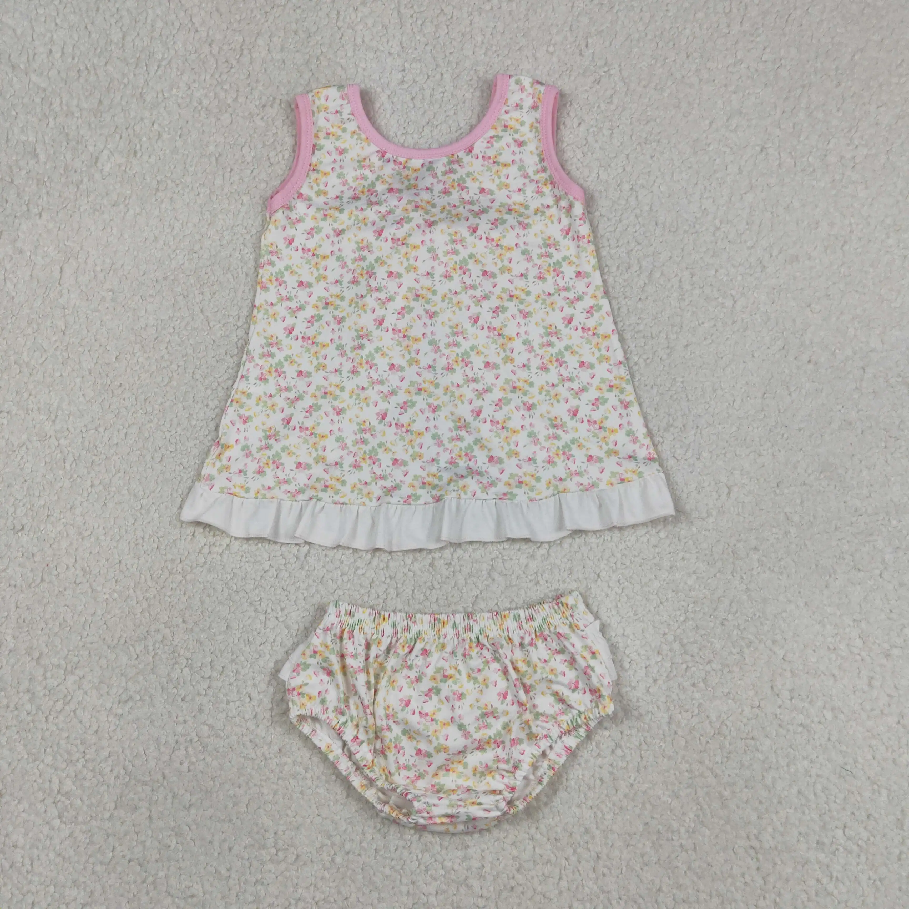 Wholesale Infant Baby Girl Floral Outfit Toddler Kids Sleeveless Bows Ruffle Tunic Flower Set Bummie Shorts Children Clothing