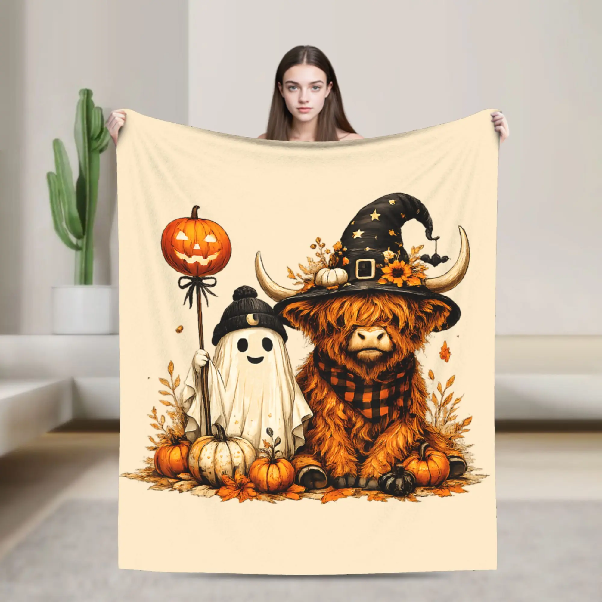Halloween Highland Cow  Blankets Spooky Fall Flannel Awesome Warm Throw Blankets for Bedspread Textile Decor