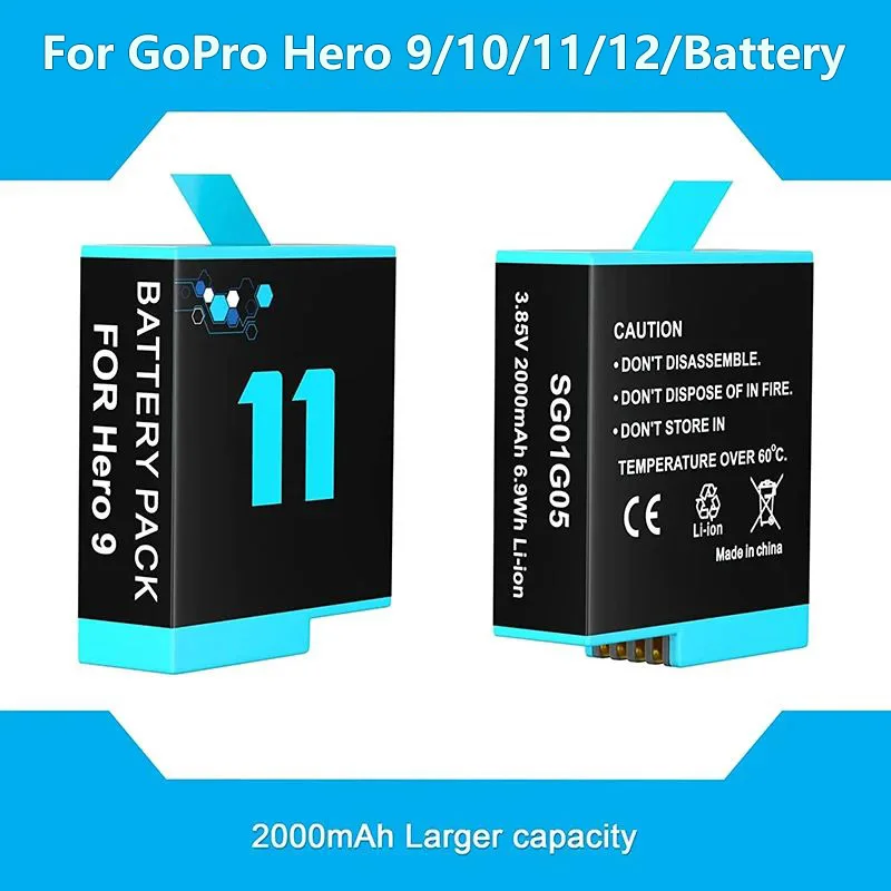 PUENDI 2000mAh GoPro Hero 9 10 11 12 Full Decoding Battery, For GoPro Hero 12 GoPro Hero 11 GoPro Hero 10 GoPro Hero 9 Black Sports Camera Accessories