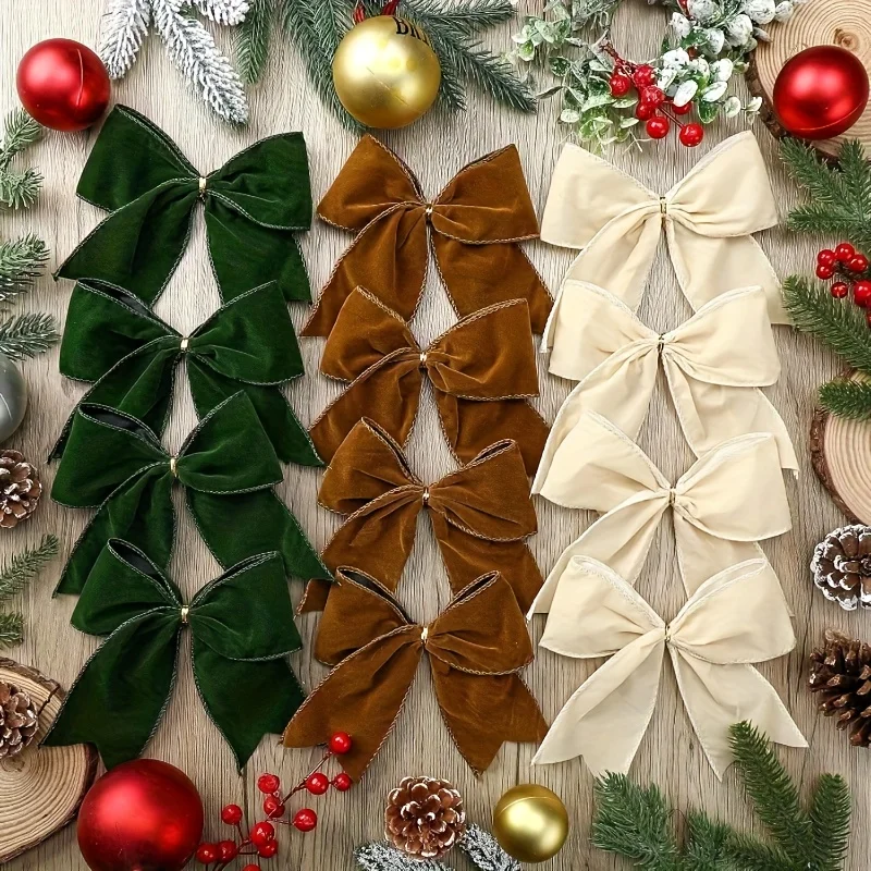 

12pcs of vintage Christmas velvet bow pendant, beige,brown,Christmas green country style craft flower wreath gift packaging bows